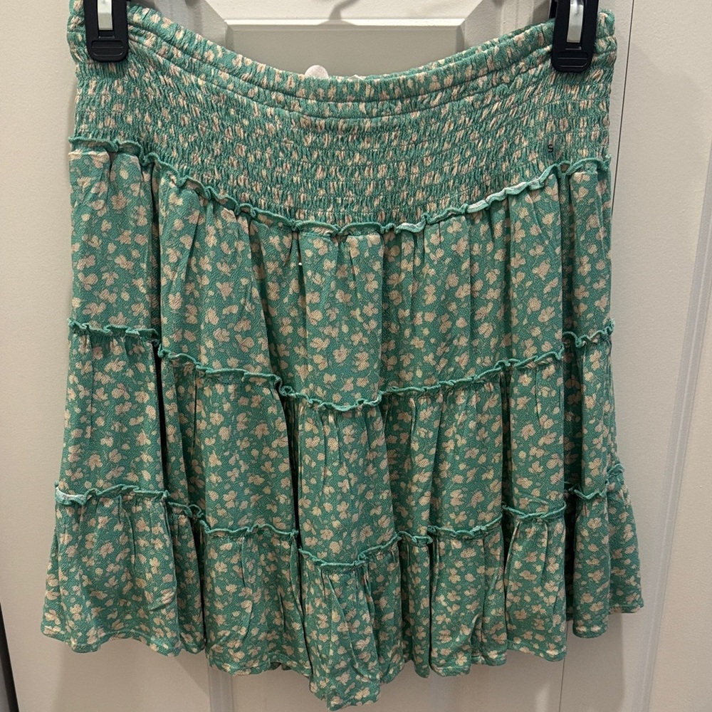 American Eagle Outfitters Teal Floral Tiered Smocked Mini Skirt